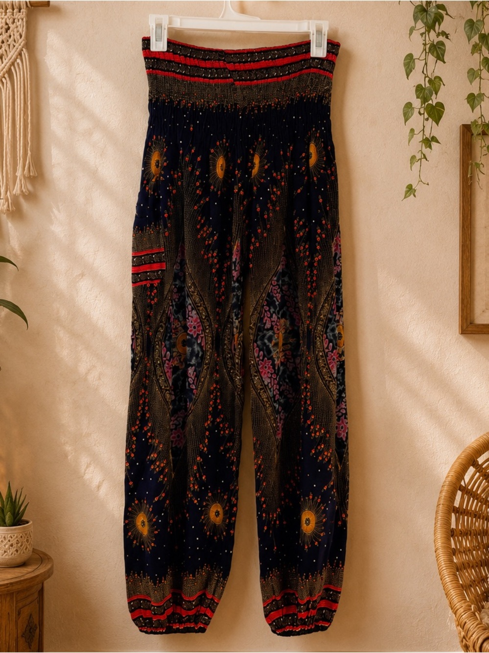 NWOT Thai Harem Pants Peacock Feather Print Boho Yoga Festival Black Multi